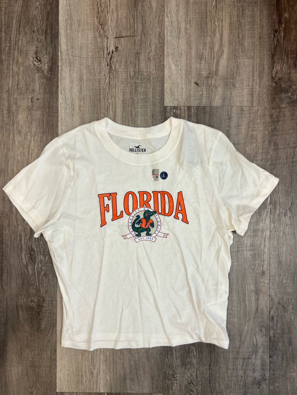 Hollister Cream Tee with Orange Florida Script and Green Crest